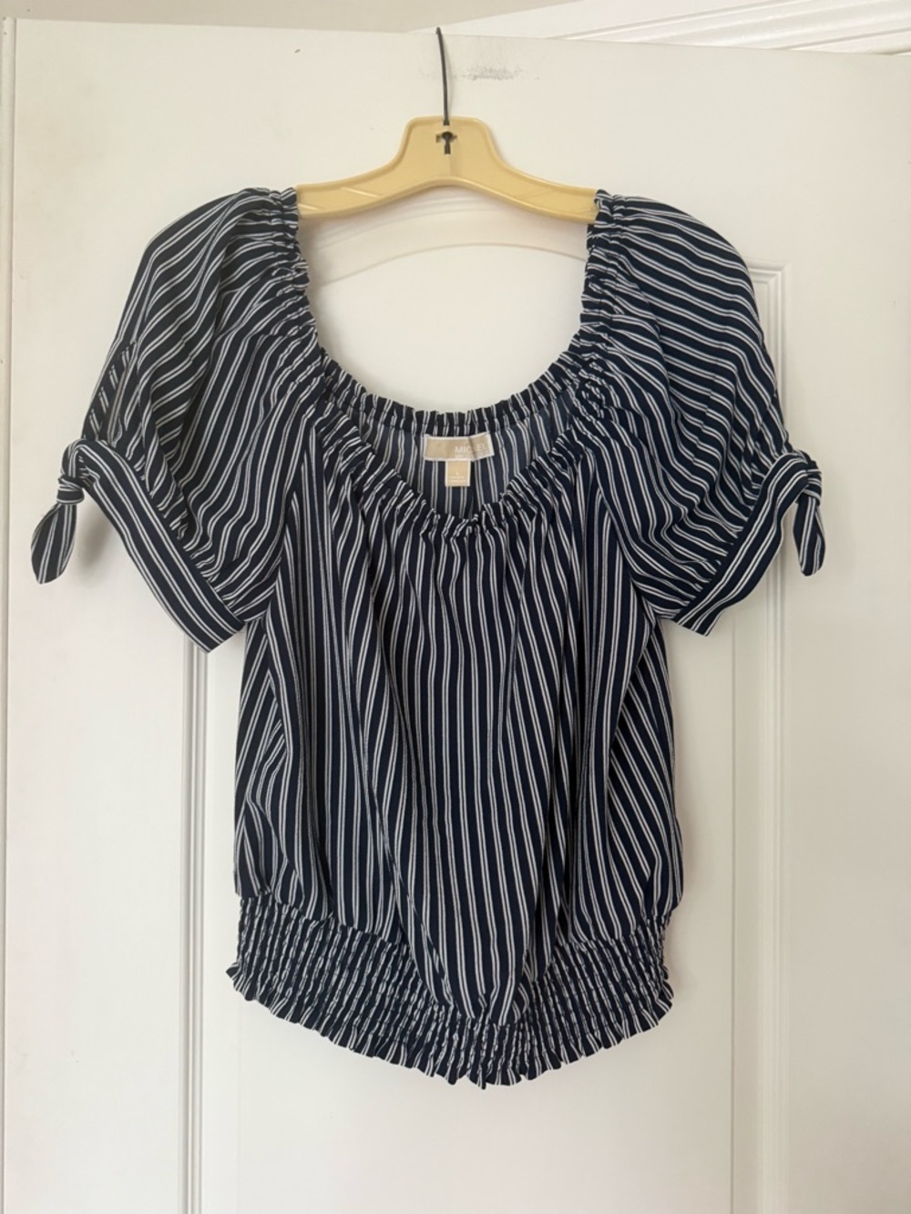 MICHAEL Michael Kors Navy and White Striped Peasant Blouse Off Shoulder